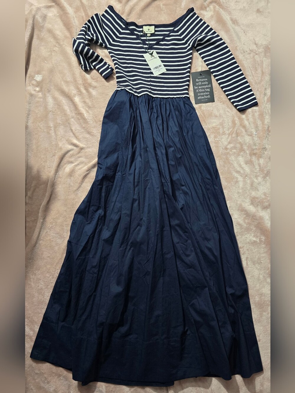 Tuckernuck Clea Dress in a navy and white striped mixed-media design Size Small - Picture 2 of 8